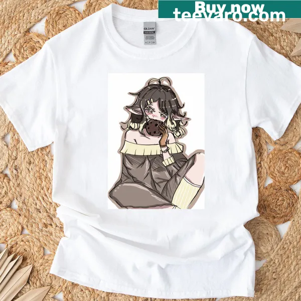 Anime elf girl eating a cookie graphic on a T-shirt
