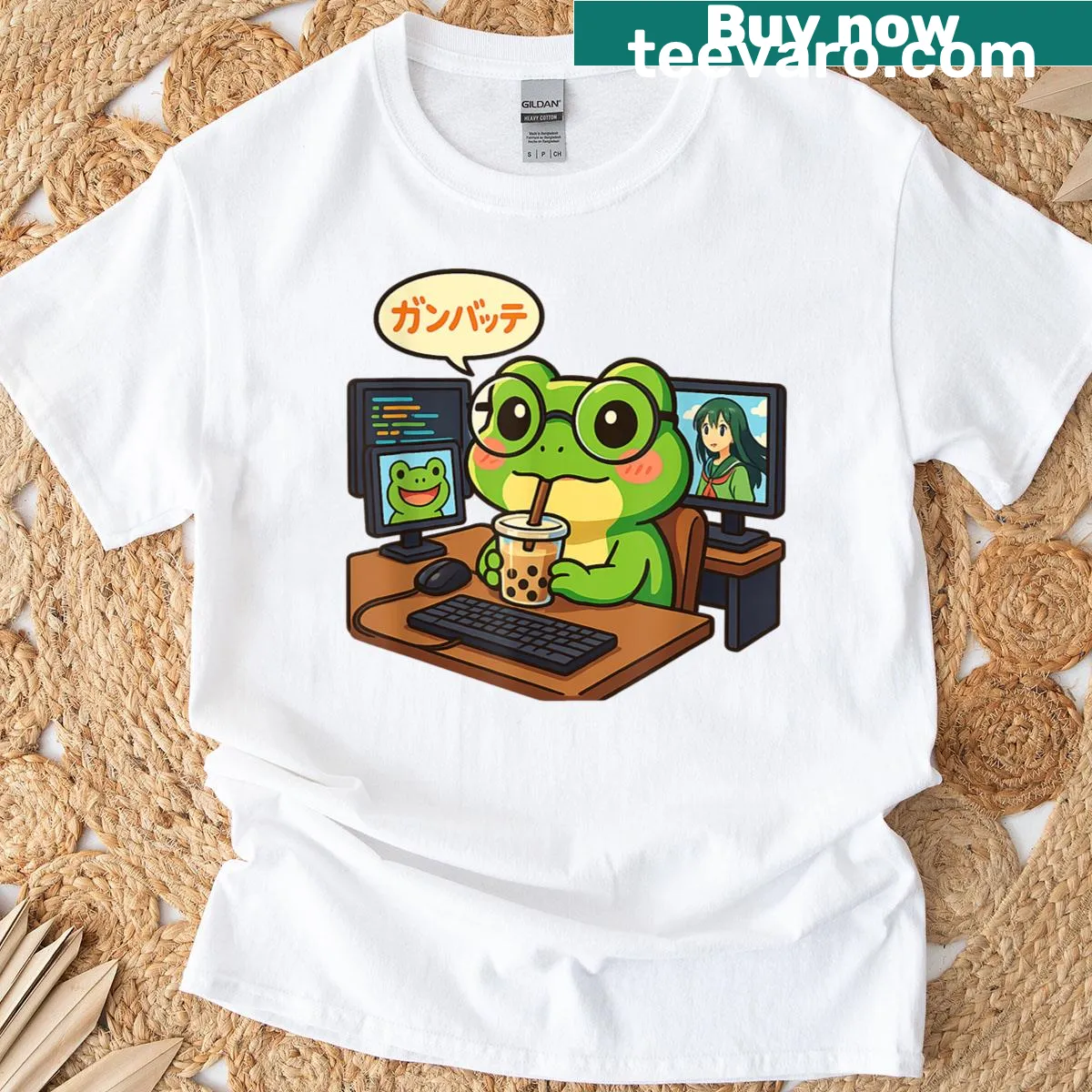 Illustration of a playful frog with coding motifs and boba tea. — on a men's t-shirt