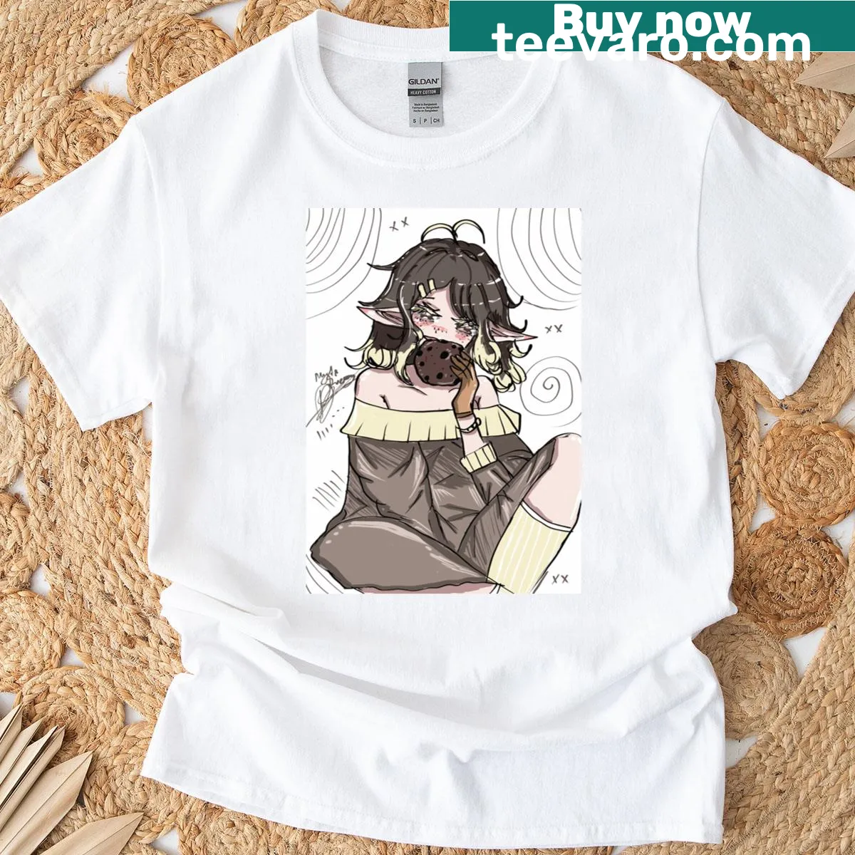 Anime girl enjoying a cookie illustration on t-shirt — on a men's t-shirt