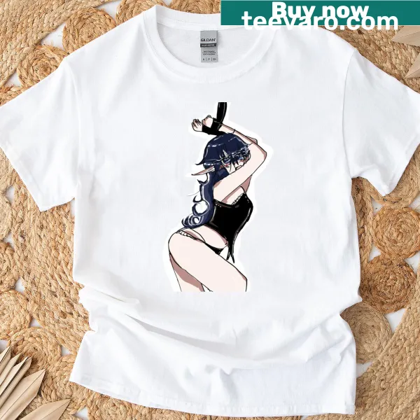 Anime girl illustration with tied blue hair on a T-shirt