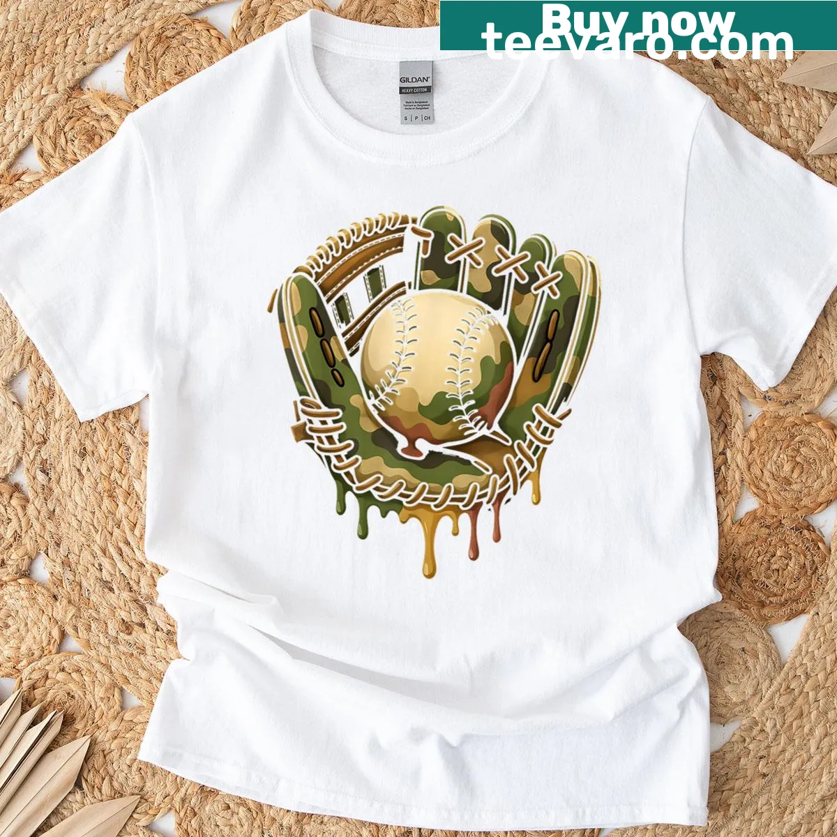 Playful camo baseball glove graphic on a boys' t-shirt. — on a men's t-shirt