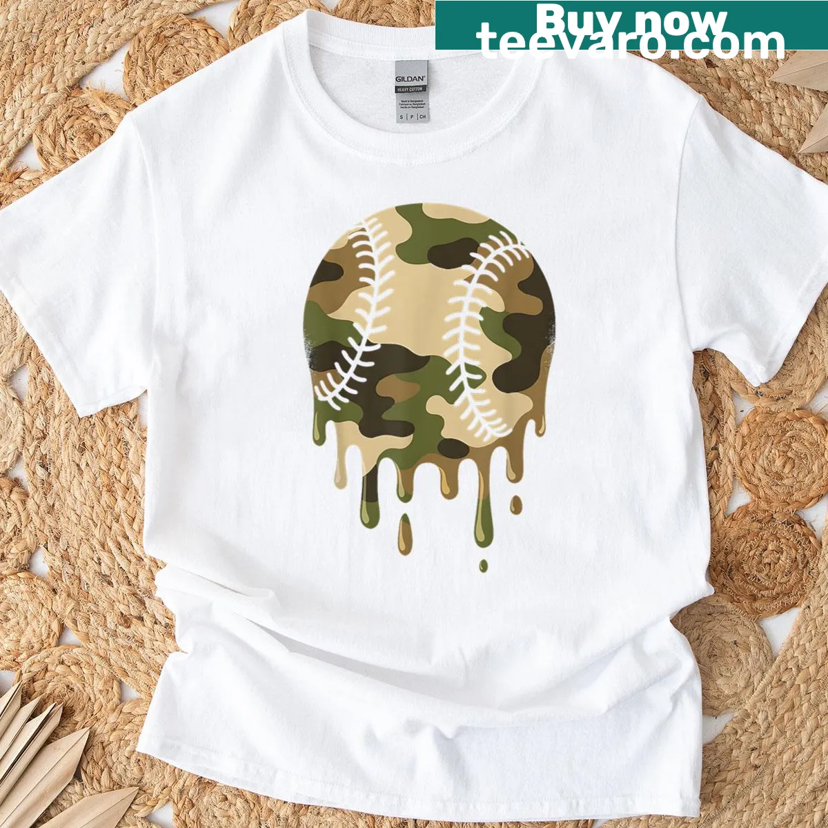 Playful camo baseball graphic t-shirt for sports lovers — on a men's t-shirt