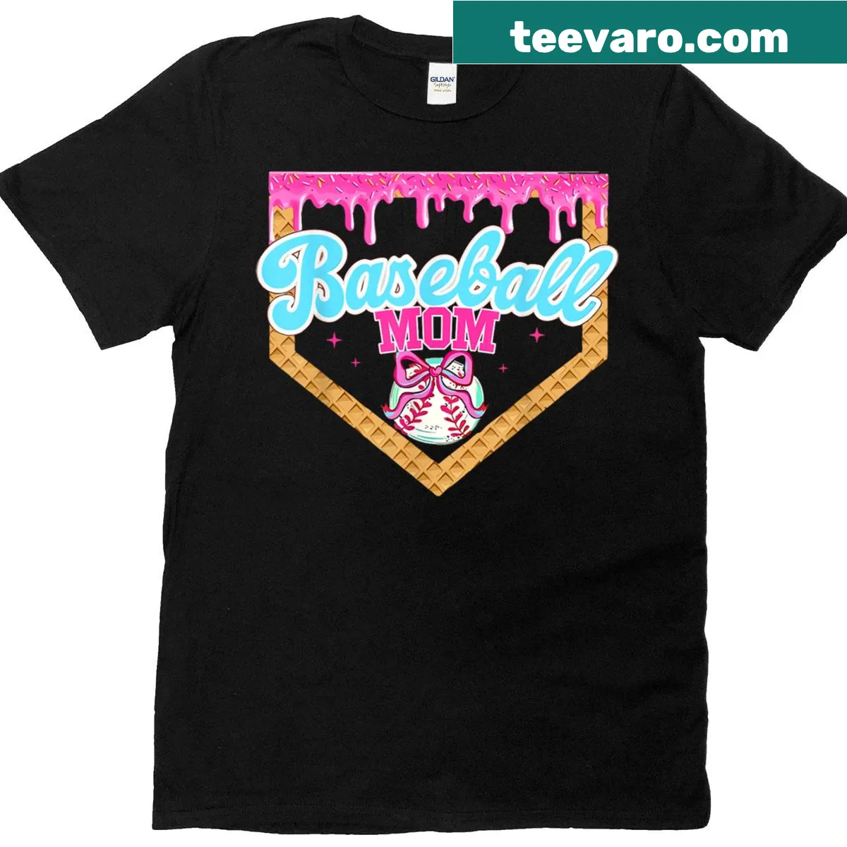 Baseball Mom t-shirt featuring ice cream drip graphic and playful text — on a men's t-shirt