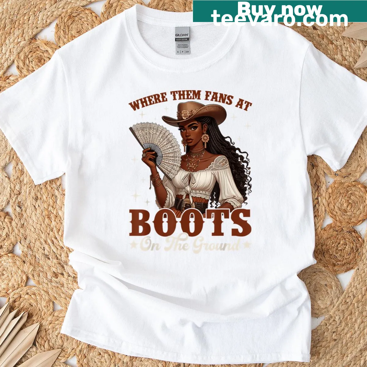 Black cowgirl t-shirt featuring 'Where Them Fans At' text — on a men's t-shirt