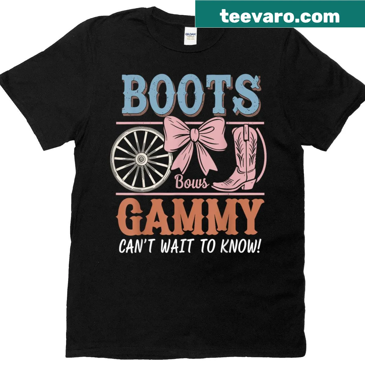 Gammy Loves You t-shirt with boots and bows gender reveal design — on a men's t-shirt