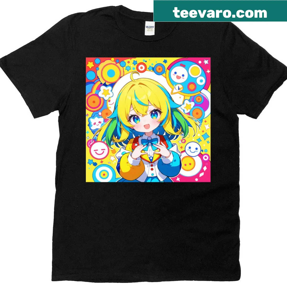 Oversized t-shirt featuring a cute anime girl illustration — on a men's t-shirt