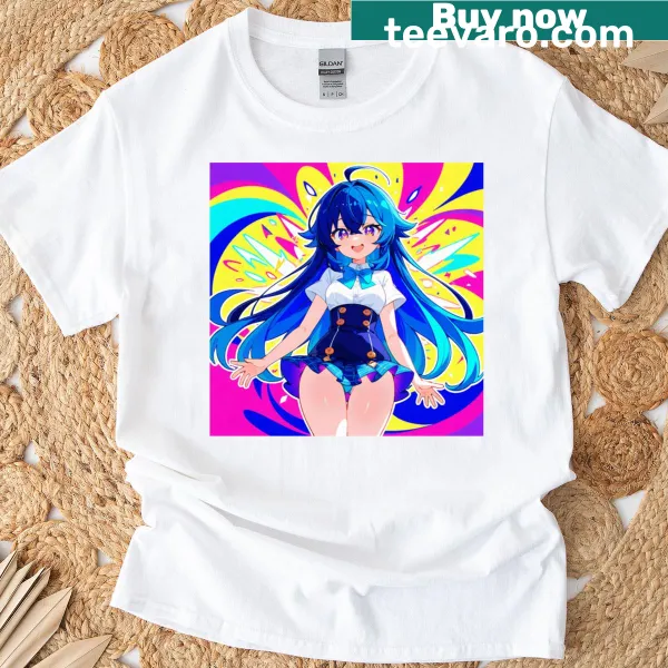 Anime character T-shirt featuring a vibrant blue-haired design