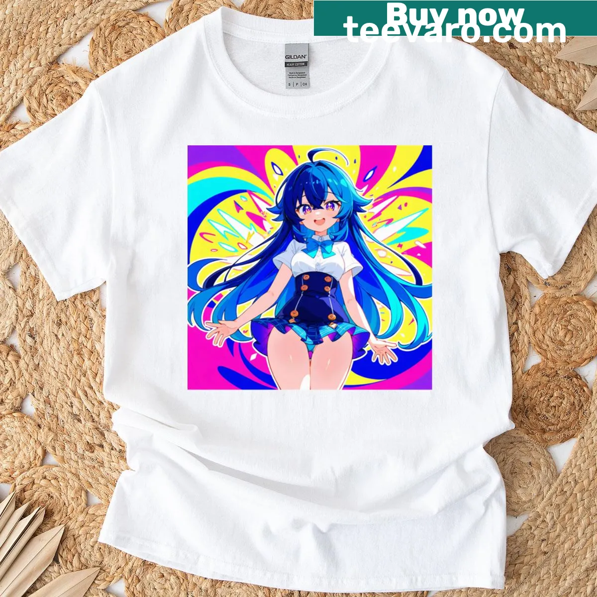 Anime character T-shirt featuring a vibrant blue-haired design — on a men's t-shirt