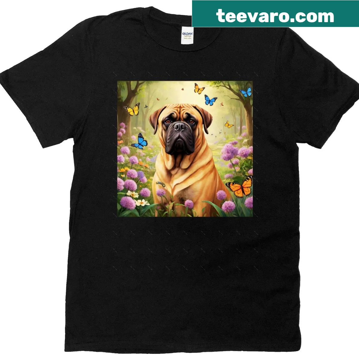 Oversized t-shirt with a Bullmastiff in a spring garden surrounded by butterflies — on a men's t-shirt