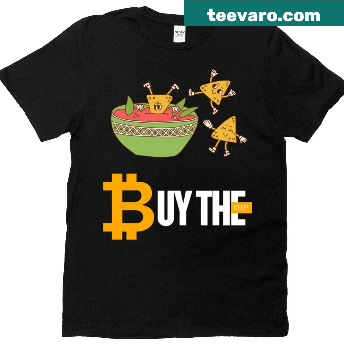 Funny t-shirt with the phrase 'Buy The Dip Bitcoin Nachos' — on a men's t-shirt