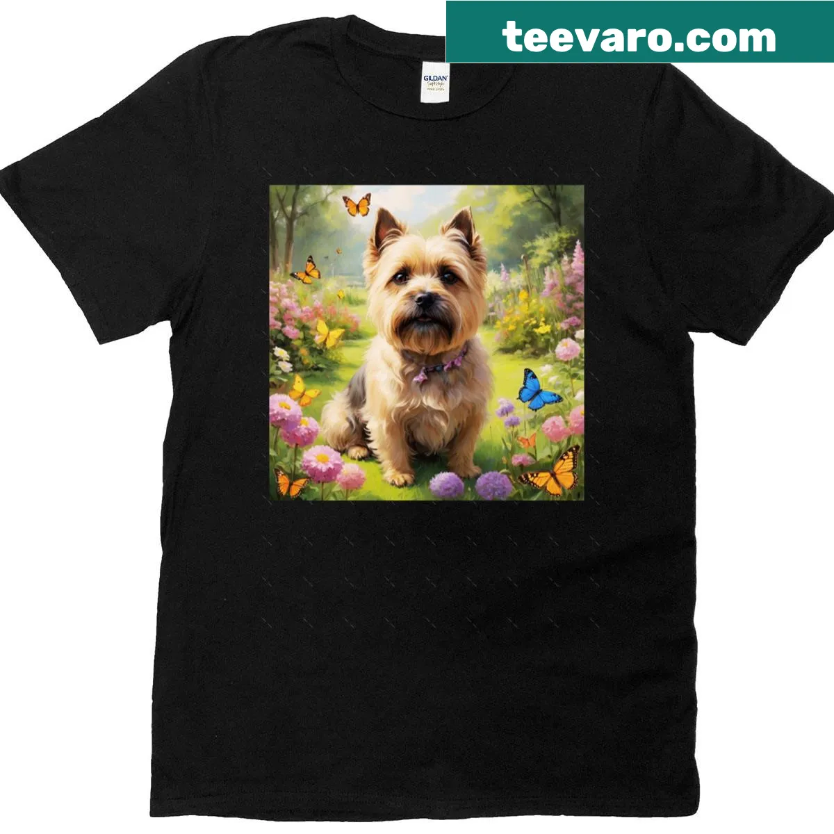 Illustration of a Cairn Terrier in a garden with butterflies — on a men's t-shirt