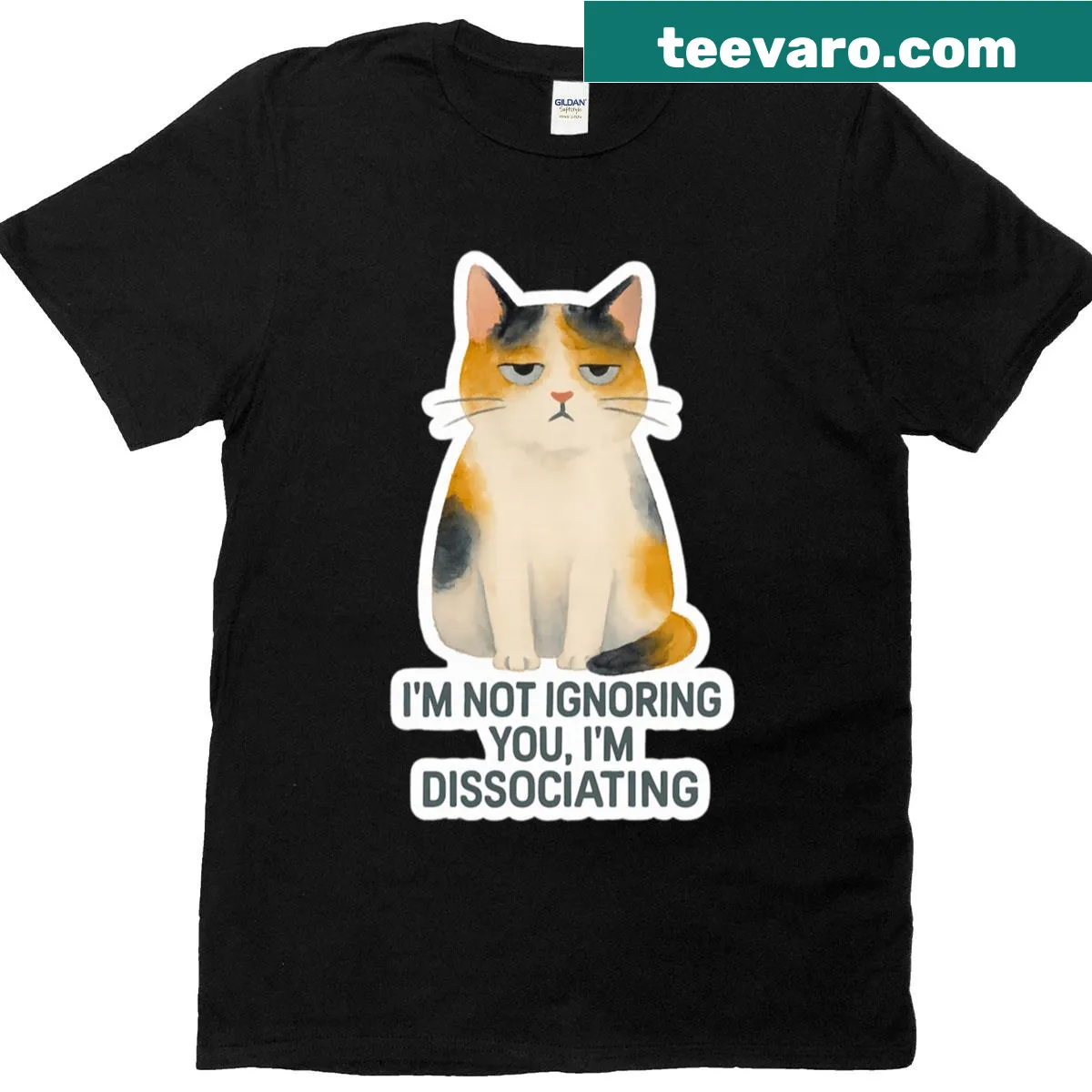 Oversized t-shirt with a calico cat illustration and introvert mood quote — on a men's t-shirt