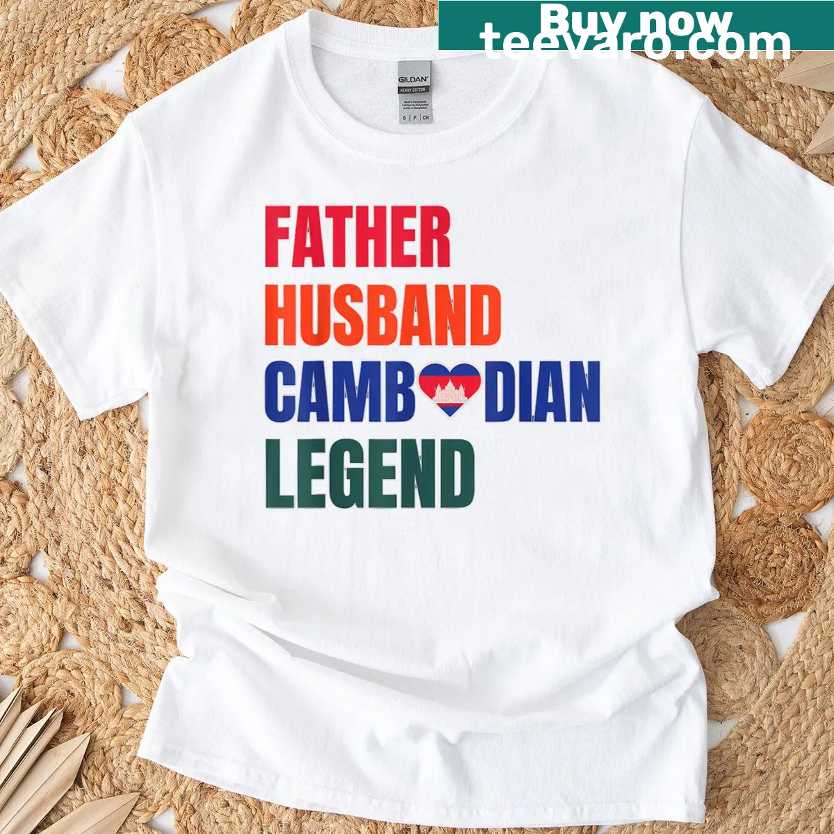 T-shirt featuring Angkor Wat and Cambodian flag elements. — on a men's t-shirt