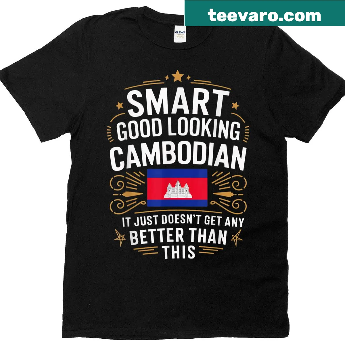 T-shirt featuring Angkor Wat and Cambodian flag illustration — on a men's t-shirt
