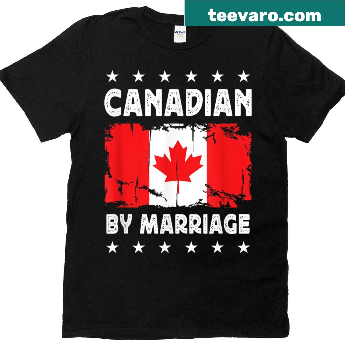 Canadian by marriage T-shirt with Canada flag design — on a men's t-shirt