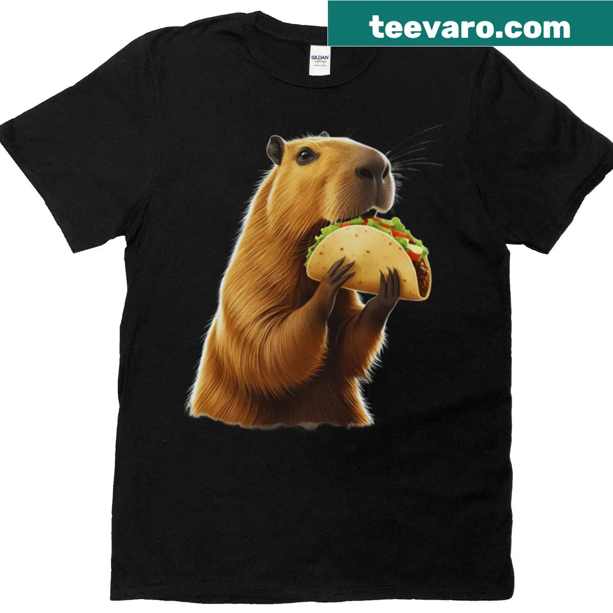 Capybara enjoying a taco graphic on a humorous t-shirt — on a men's t-shirt