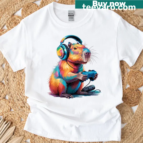Funny capybara playing video games illustrated on T-shirt