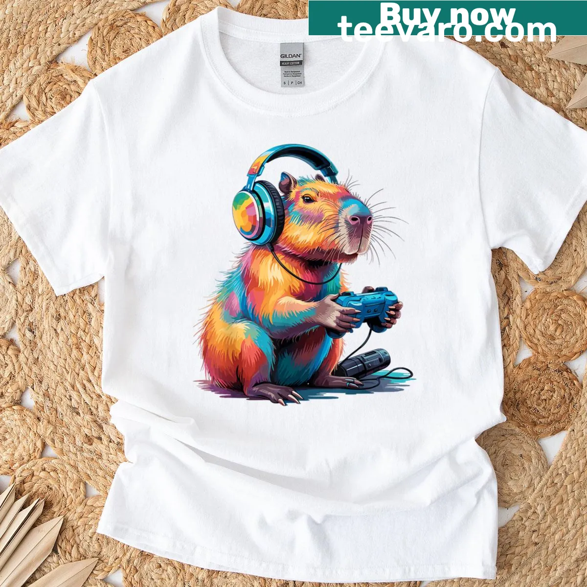 Funny capybara playing video games illustrated on T-shirt — on a men's t-shirt