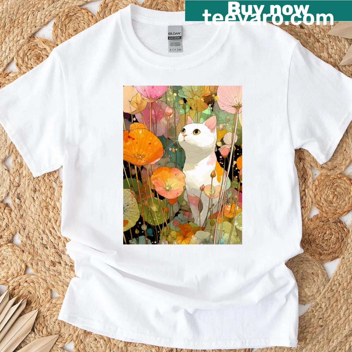 Illustration of a cat among flowers with a cosmic background — on a men's t-shirt