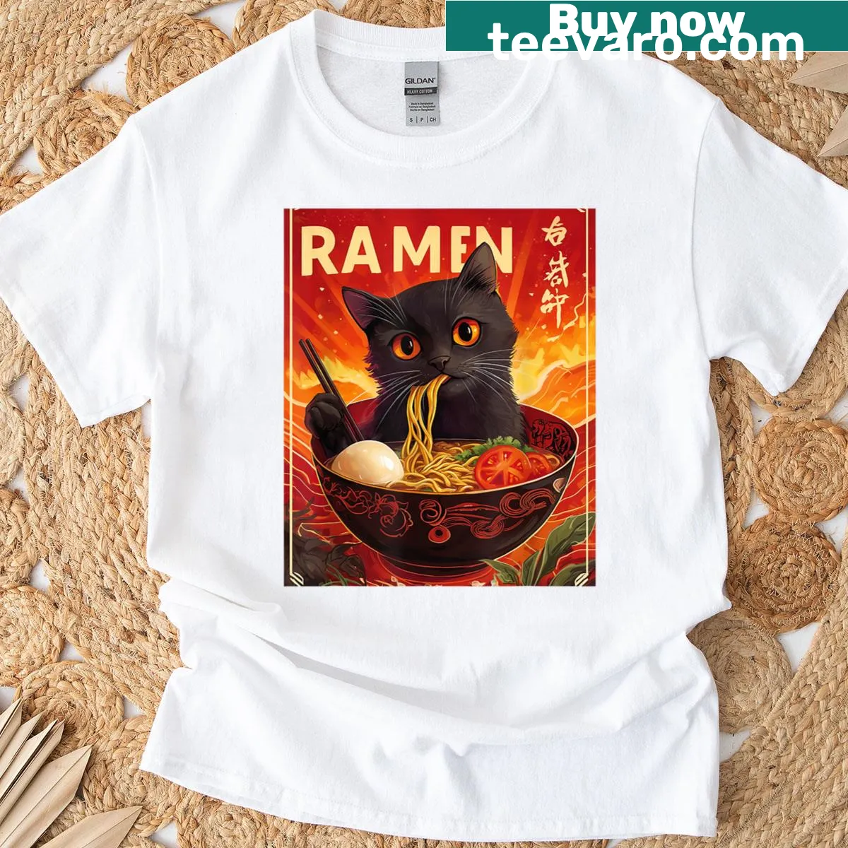 Kawaii graphic of a cat eating ramen — on a men's t-shirt