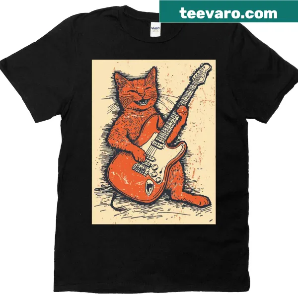 Cartoon cat playing a guitar on a t-shirt