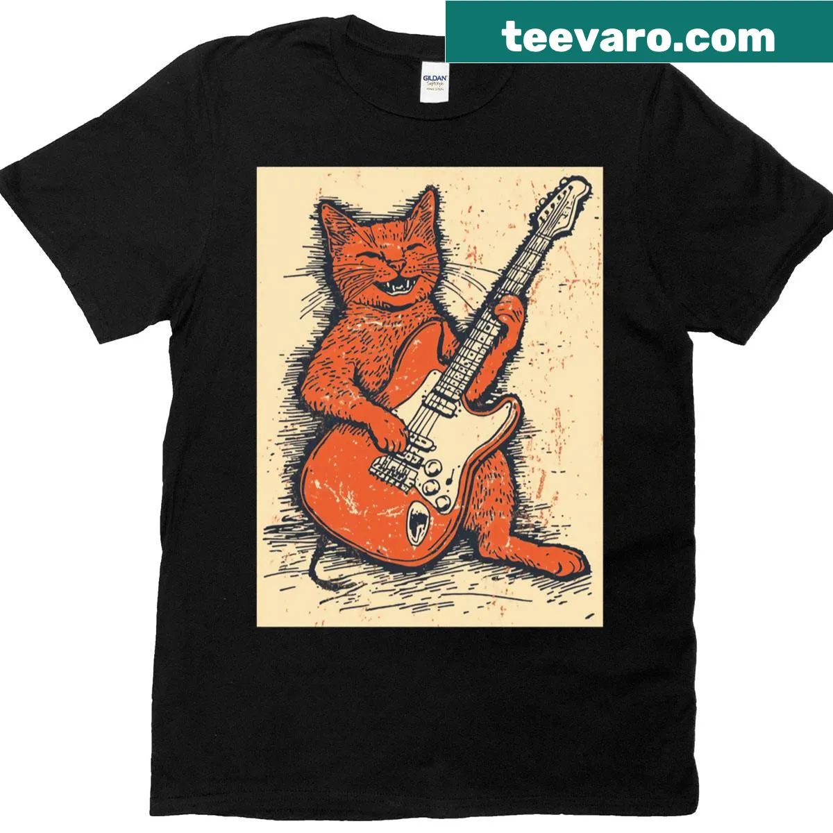 Cartoon cat playing a guitar on a t-shirt — on a men's t-shirt