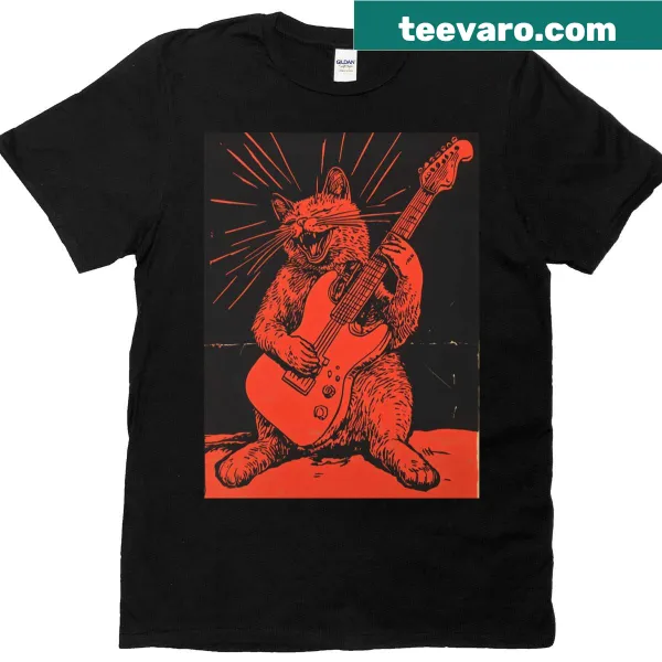 Illustration of a cat playing guitar on an oversized t-shirt