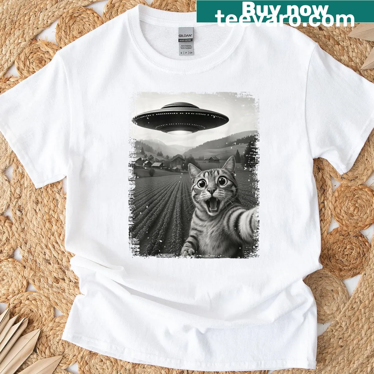 Funny T-shirt with a cat selfie and alien UFO illustration — on a men's t-shirt