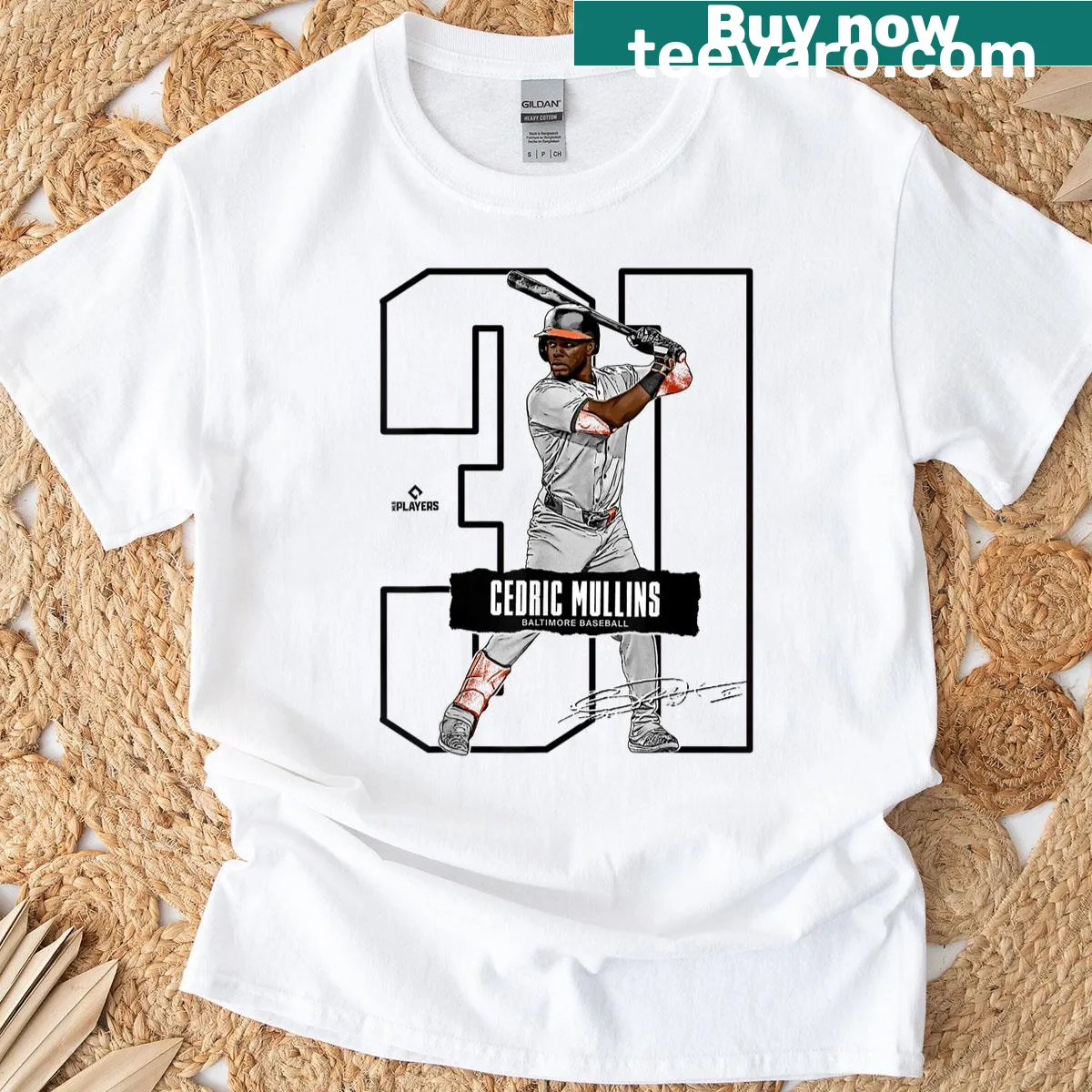 Illustration of Cedric Mullins on Baltimore baseball t-shirt — on a men's t-shirt