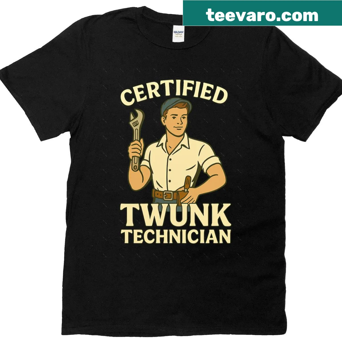 Oversized t-shirt reading 'Certified Twunk Technician' in retro style — on a men's t-shirt