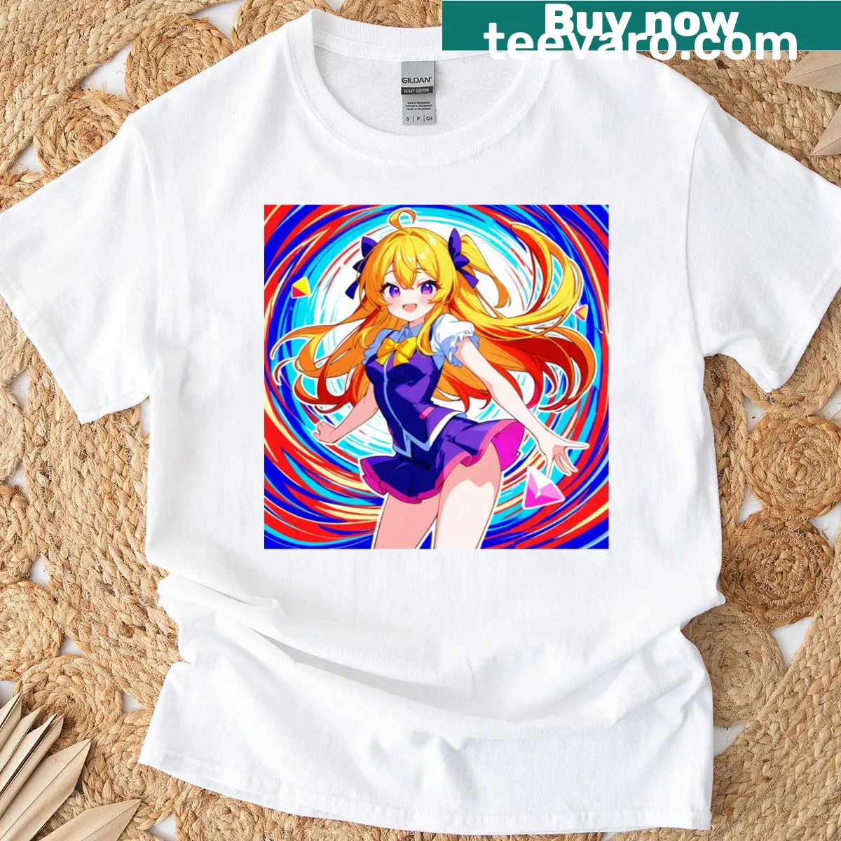 Cheerful blonde anime girl illustration on T-shirt — on a men's t-shirt