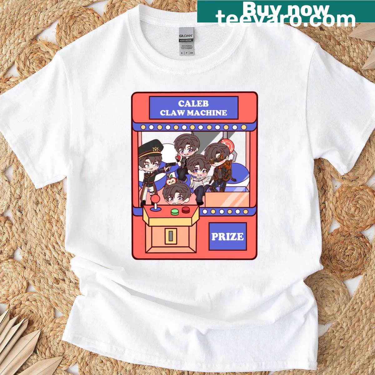 Cute Chibi character interacting with a claw machine on a t-shirt — on a men's t-shirt