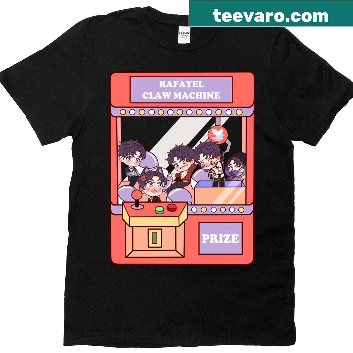 Chibi Rafayel claw machine graphic T-shirt for gamers — on a men's t-shirt