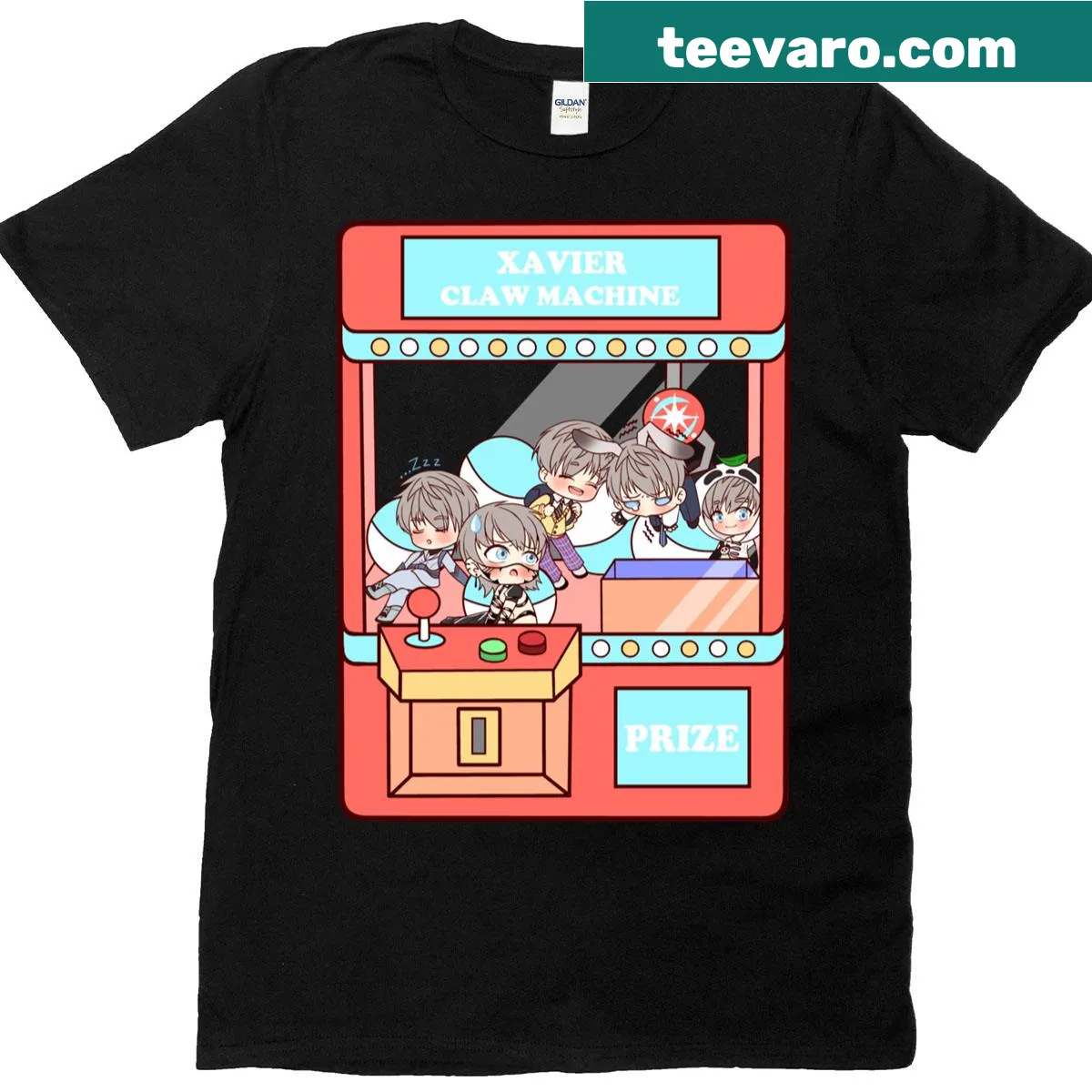 Chibi Xavier claw machine graphic T-shirt for gamers — on a men's t-shirt