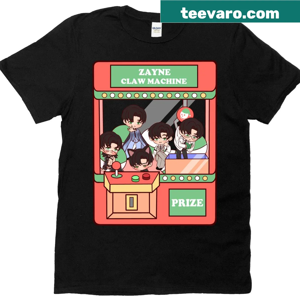 Chibi character at a claw machine on a t-shirt — on a men's t-shirt