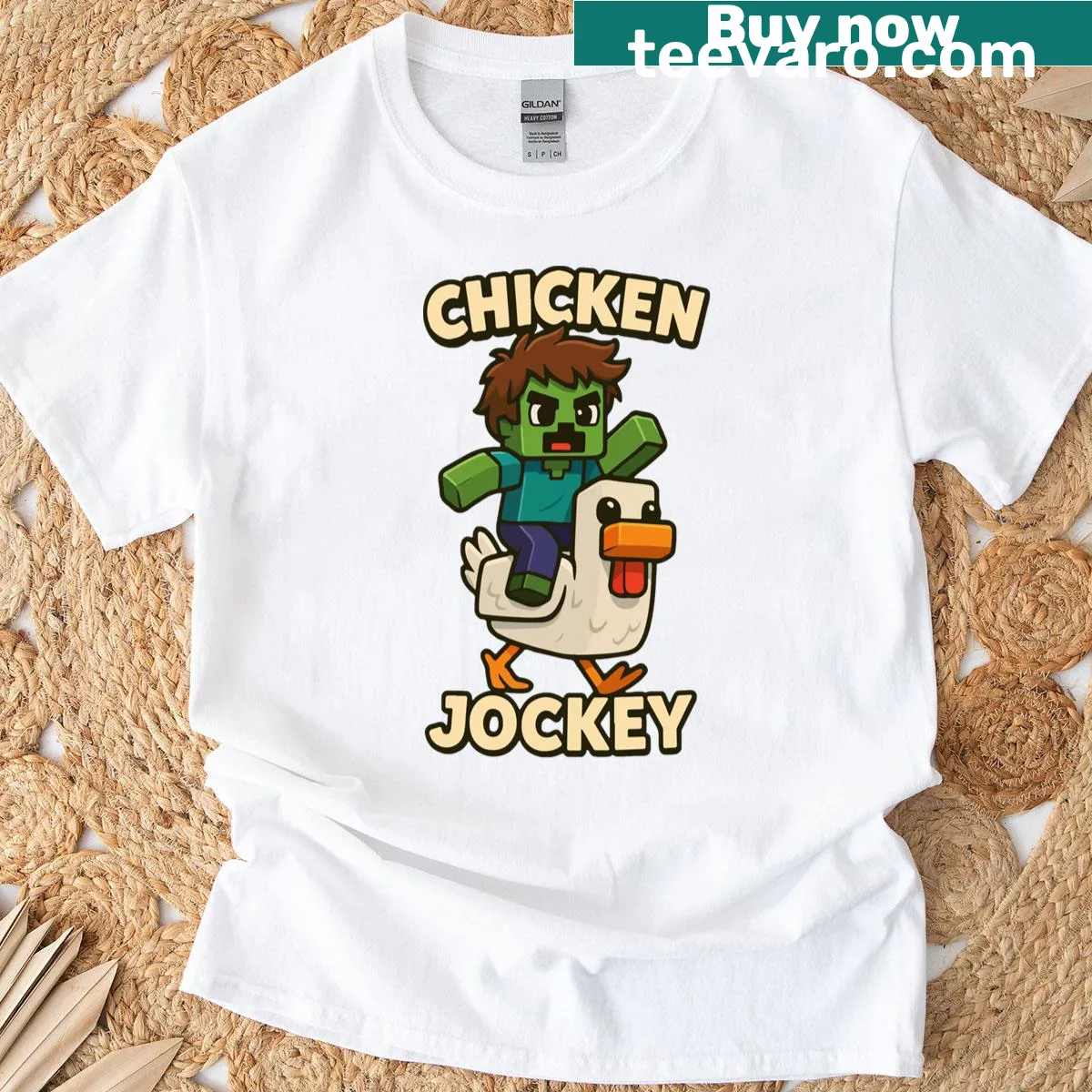 Comical Chicken Jockey T-shirt with a chicken in racing attire — on a men's t-shirt