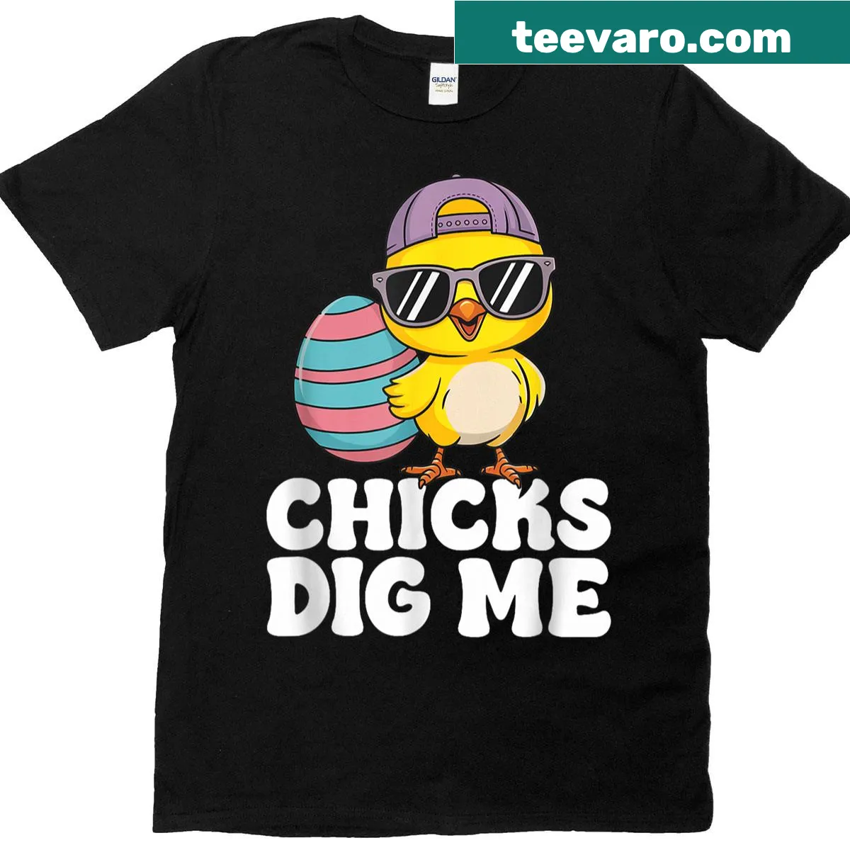 Easter-themed T-shirt with humorous 'Chicks Dig Me' text — on a men's t-shirt