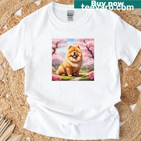 Chow Chow dog illustration with blooming Sakura trees on t-shirt