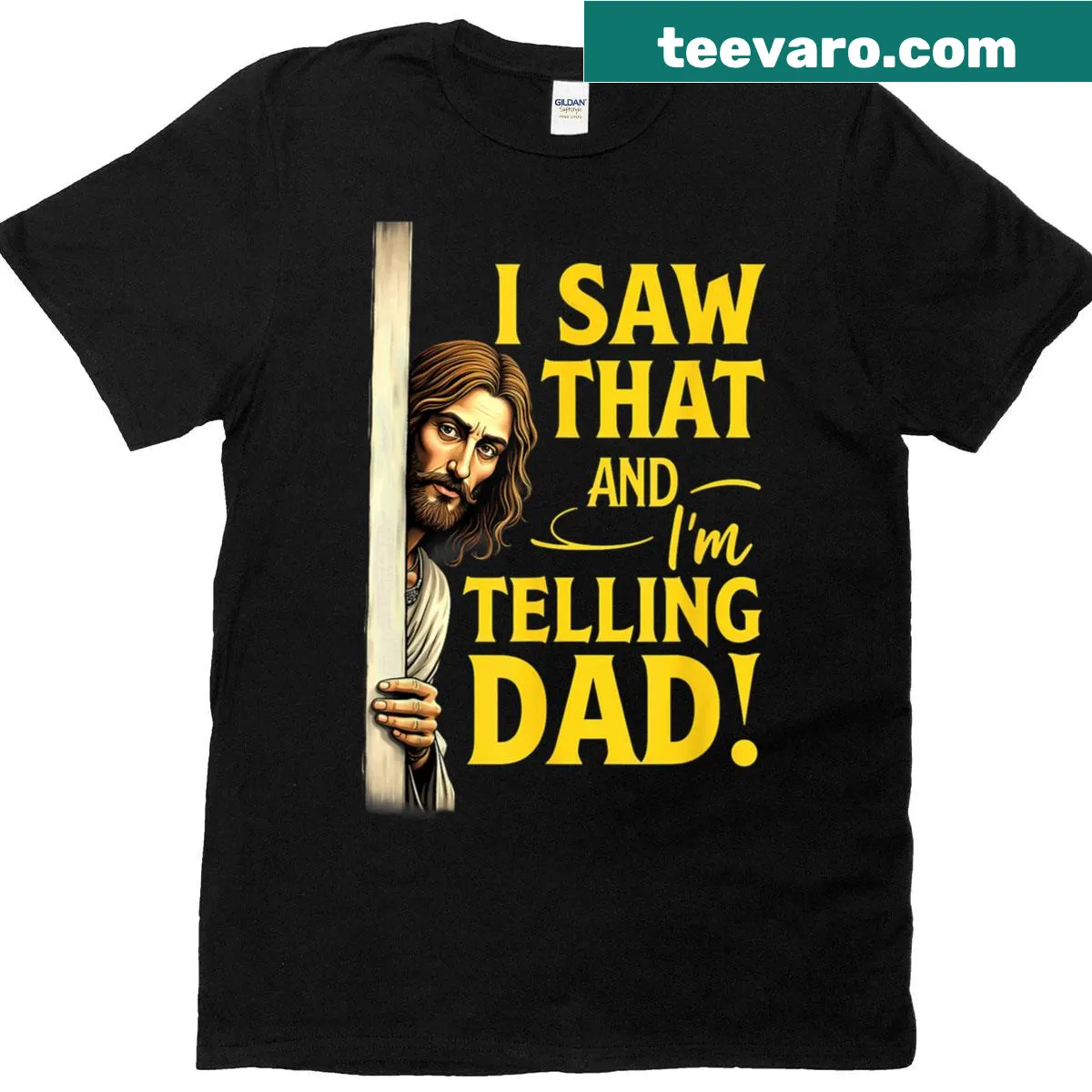 Humorous Christian-themed T-shirt with playful text — on a men's t-shirt