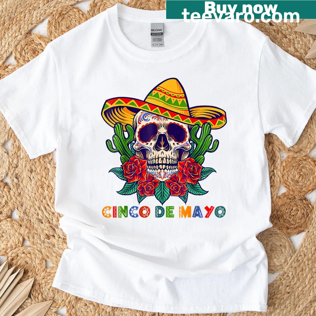Cinco De Mayo skull T-shirt with sunglasses and mustache — on a men's t-shirt