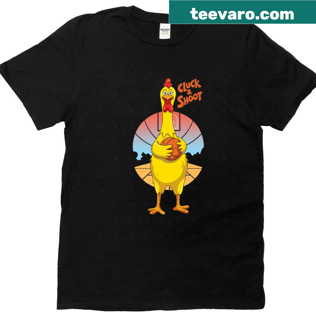 Oversized t-shirt with a cartoon rubber chicken playing basketball — on a men's t-shirt