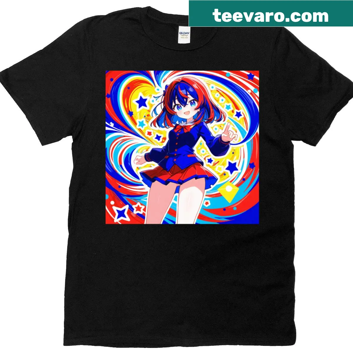 Oversized T-shirt featuring a happy anime girl illustration — on a men's t-shirt