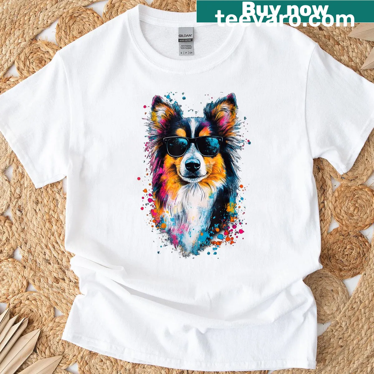 Cute Shetland Sheepdog face illustration on a t-shirt — on a men's t-shirt