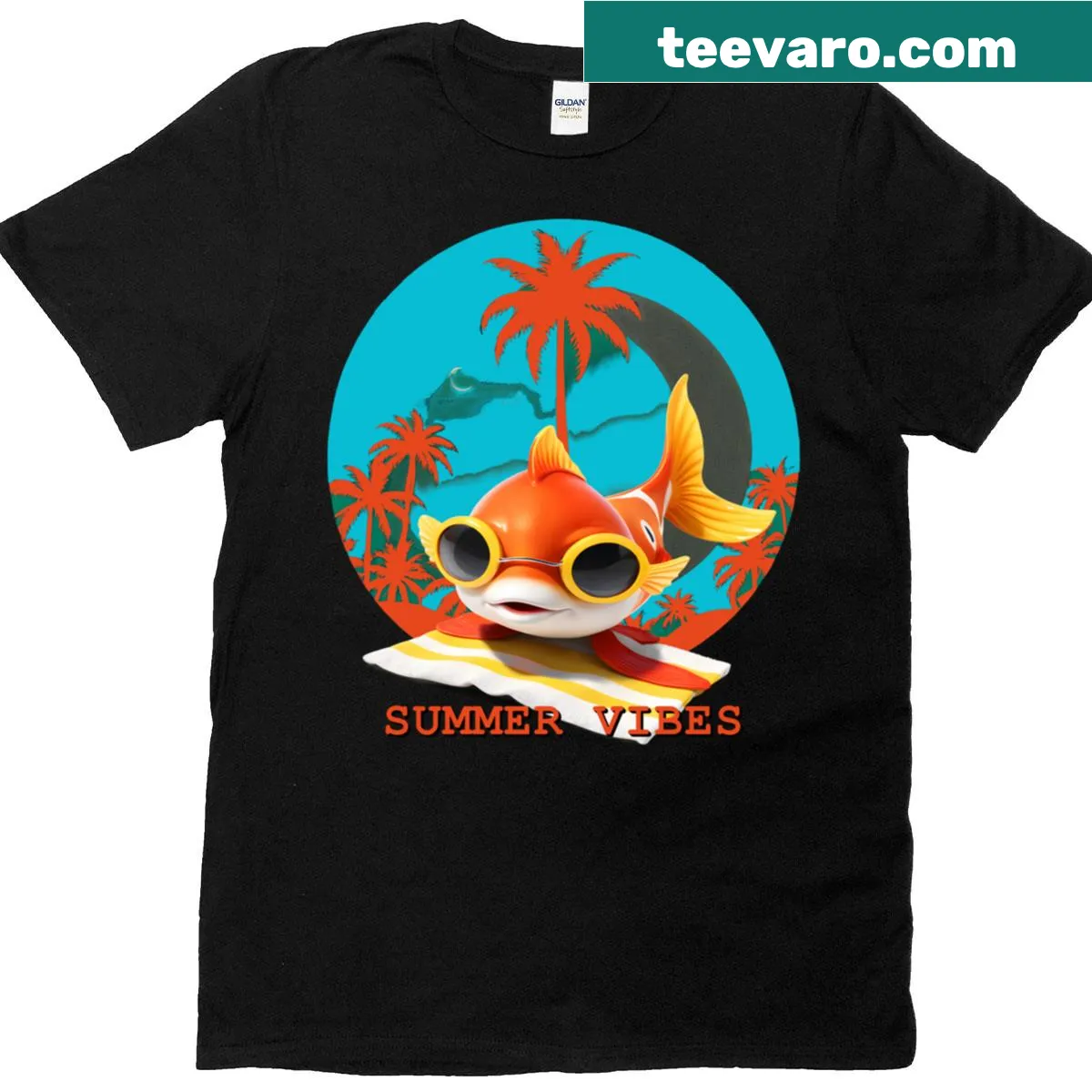 Illustration of a goldfish on the beach on a t-shirt — on a men's t-shirt