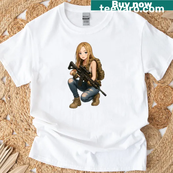 Bold tactical-themed graphic on a women's t-shirt