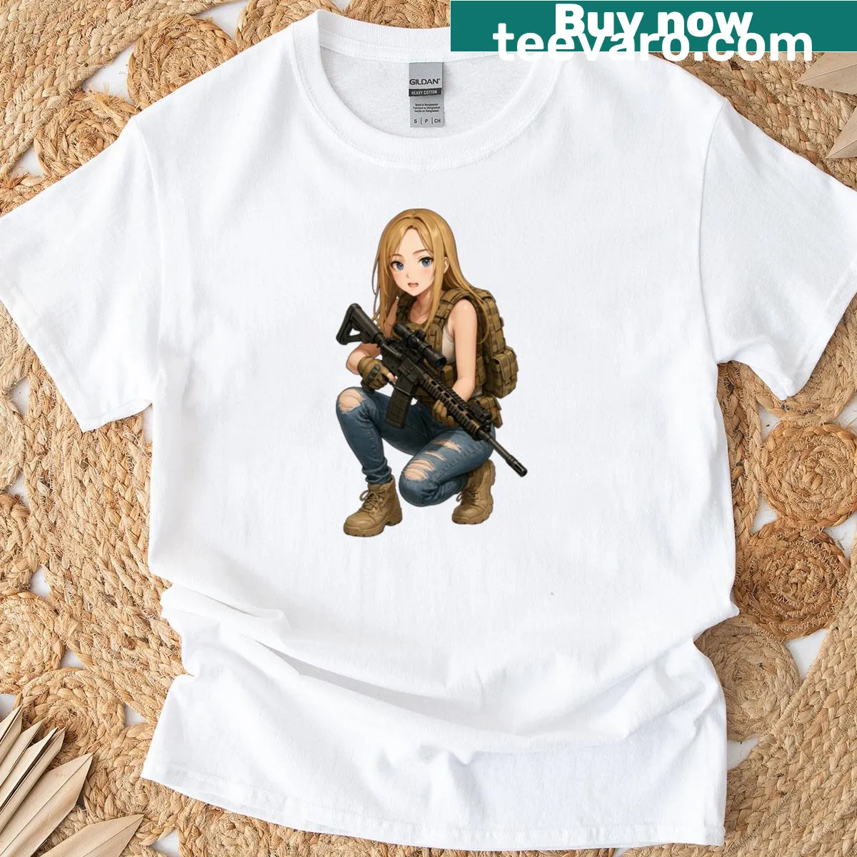Bold tactical-themed graphic on a women's t-shirt — on a men's t-shirt