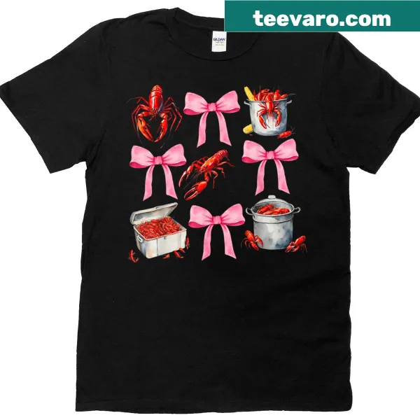 Vintage-style tee with crawfish boil graphics and a coquette bow