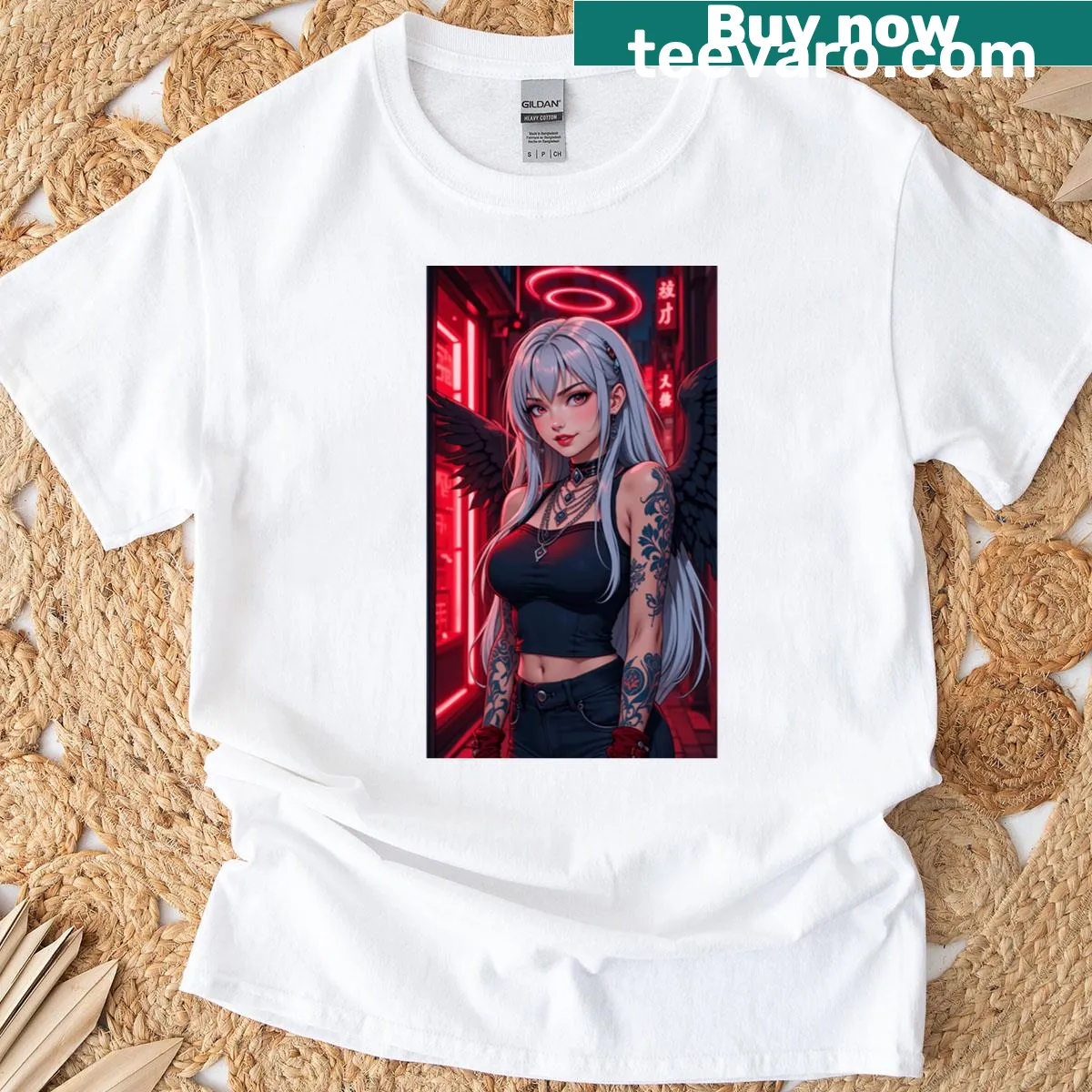 T-shirt featuring an illustrated city angel design in a fantasy setting. — on a men's t-shirt