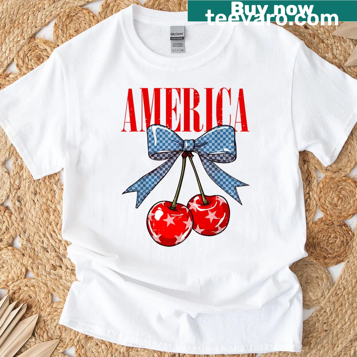 Funny Fourth of July T-shirt with cherry design and coquette bow — on a men's t-shirt