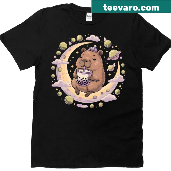 Cute cartoon capybara drinking boba tea on a T-shirt.
